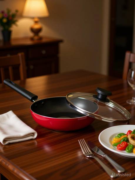 NAVRANG NONSTICK ALU FRYPAN 220MM WITH GLASS LID, INDUCTION, RED COLOR, 1.5 LTR Fry Pan 22 cm diameter with Lid 1.2 L capacity