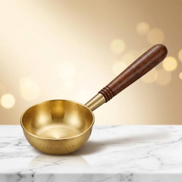 The Healing Store Premium Cookware Brass Tadka Pan with Wooden Handle Fry Pan 11 cm diameter 0.5 L capacity