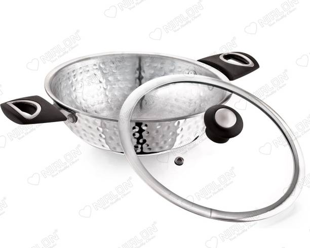 NIRLON NIRLON Classic Hammered Triply Stainless Steel Cookware Deep Kadhai 18cm-1.1Ltr Kadhai 18 cm diameter with Lid 1.1 L capacity