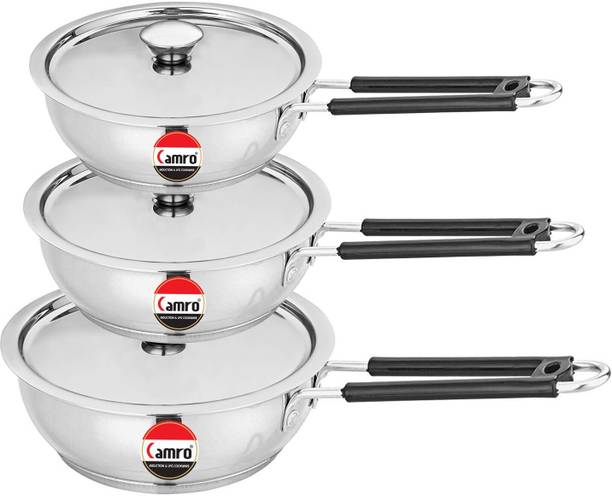 Camro Deep Fry Pan Induction Bottom Set of 3 (11 No/12 No/13 No.) Fry Pan 19.5 cm, 22 cm, 24 cm diameter with Lid 1.4 L, 1.8 L, 2.5 L capacity