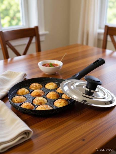 HawkEye Durable Granite Coating for Soft & Crispy Appams | 12 Cavity Cookware Paniarakkal Pan 23 cm diameter with Lid 0.5 L capacity