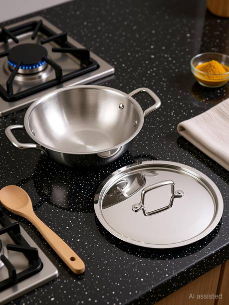 iVBOX ® Platina Induction Bottom 22cm Triply Stainless Steel Kadai with Lid, 2 Ltr कढ़ाही 22 cm ढक्कन के साथ