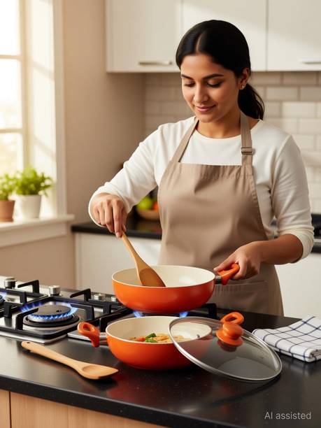 NIRLON Ceramic 2-Piece Induction Base Cookware Kadai & Casserole Set with lid Kadhai 24 cm diameter with Lid 2.1 L capacity