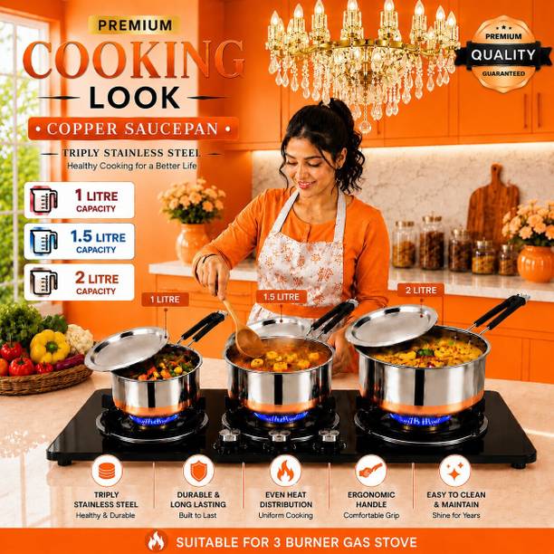 FEMEO Copper Bottom Steel Sauce Pan Set with Lids Heavy Duty 3 Pcs Pot 14 cm, 16 cm, 18 cm diameter 1 L, 1.5 L, 2 L capacity with Lid