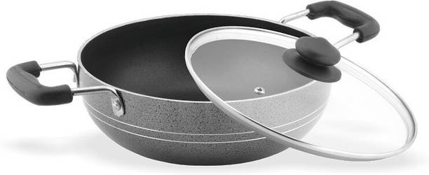 Sumeet 4mm Nonstick with Glass Lid, No. 13 Deep Kadhai 22 cm diameter with Lid 2 L capacity