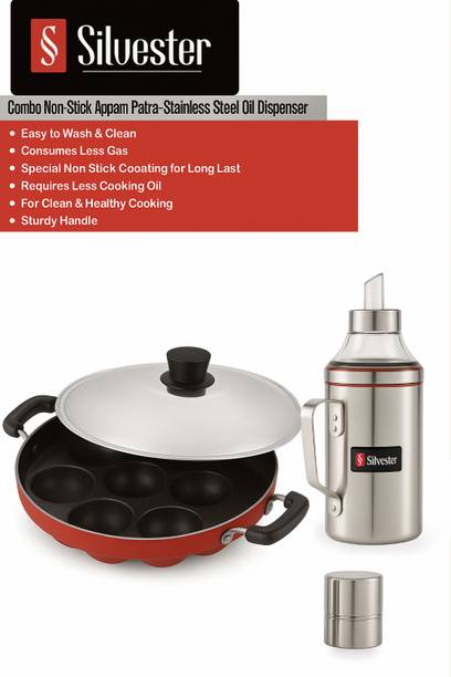 Silvester Combo Non-Stick Aluminum Appam Patra & Stainless Steel Oil Dispenser Bottle Paniarakkal Set with Lid 1000 L capacity 22 cm diameter