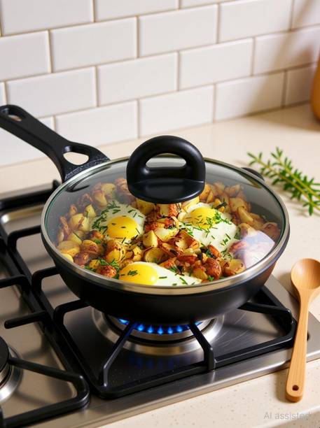 The Indus Valley Pre- Seasoned Cast Iron Fry Pan/Skillet with Glass Lid - 8 inch Flat Pan 20.3 cm diameter with Lid 0.9 L capacity