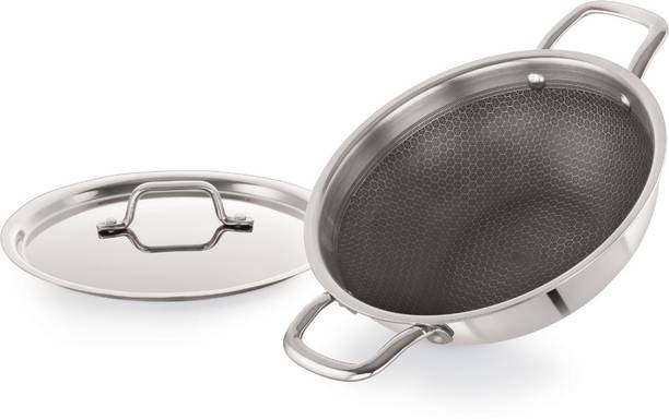 iVBOX Triply Honeycomb induction Bottom Stainless Steel Kadai with Lid Kadhai 20 cm diameter with Lid 1.8 L capacity