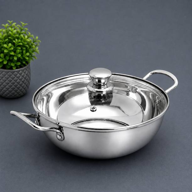 Red Robin Heavy Duty Stainless Steel Deep Fry Kadhai 22 cm Stir Fry Pan 22 cm diameter with Lid 2 L capacity