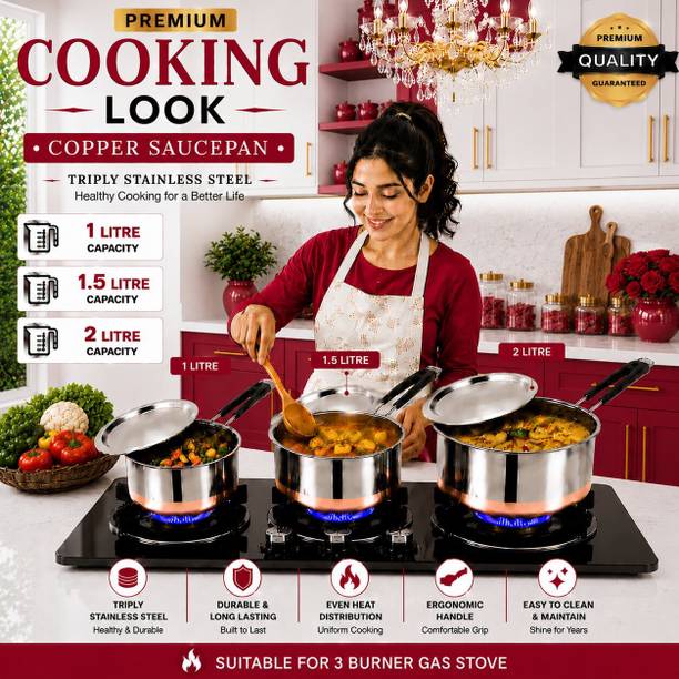 FEMEO Stainless Steel Sauce Pan Set Durable Copper Bottom Cookware Pot 14 cm, 16 cm, 18 cm diameter 1 L, 1.5 L, 2 L capacity with Lid
