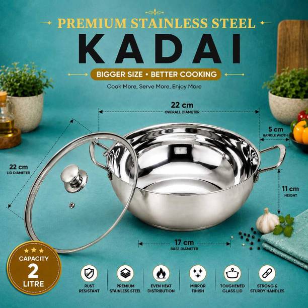 Red Robin Deep Stainless Steel Kadai with Lid for Daily Kitchen Cooking Use Fry Pan 22 cm diameter with Lid 2 L capacity