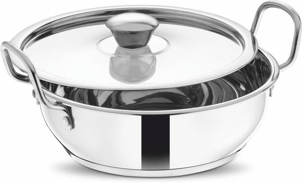 PRABHA स्टेनलेस स्टील इंडक्शन बेस फ्लैट बॉटम किचन कढ़ाई, किचन वोक, सिल्वर कढ़ाही 18.5 cm ढक्कन के साथ