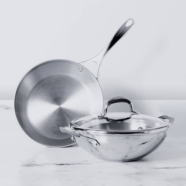 Meyer Select Stainless Steel Frypan + Kadhai/Wok 3-Piece Cookware Set Induction Bottom Cookware Set