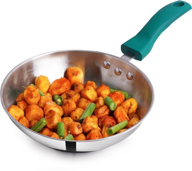 The Indus Valley Stainless Steel Capsule Bottom Fry Pan with Green Bakelite Handle - 8.2 inch 20.9 cm डायमीटर