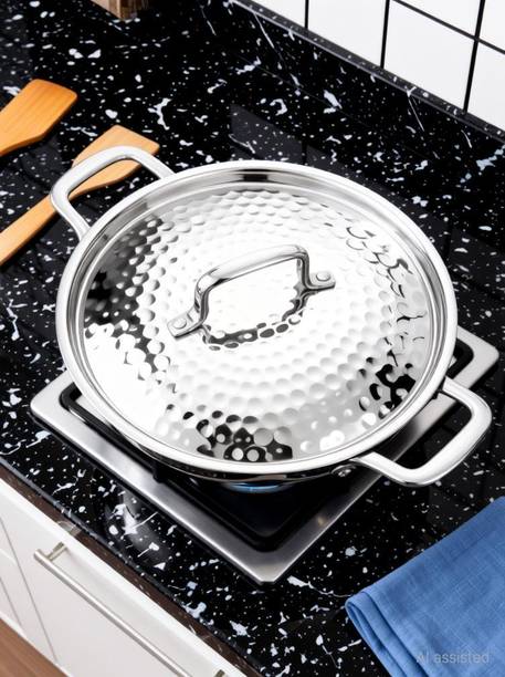 NIRLON Hammered Triply Stainless Steel Deep Kadai / Stainless Steel Lid 22cm Kadhai 22 cm diameter with Lid 2.1 L capacity