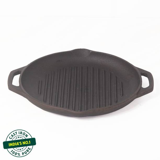 The Indus Valley Pre-Seasoned Cast Iron Round Grill Pan With Double Handle - 10.5 inch Grill Pan 26.7 cm diameter 0.6 L capacity