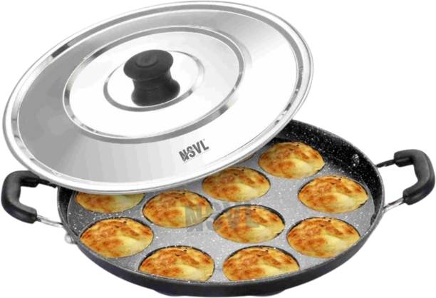 NSVL 12 Cavities Non Stick Appam Patra , kulipaniyaram pan nonstick Paniarakkal Pan 20 cm diameter with Lid 0.1 L capacity
