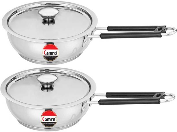 Camro Extra DEEP Fry PAN Induction Bottom Set of 2 (11 No/13 No.) Fry Pan 19.5 cm, 24 cm diameter with Lid 1.4 L, 2.5 L capacity