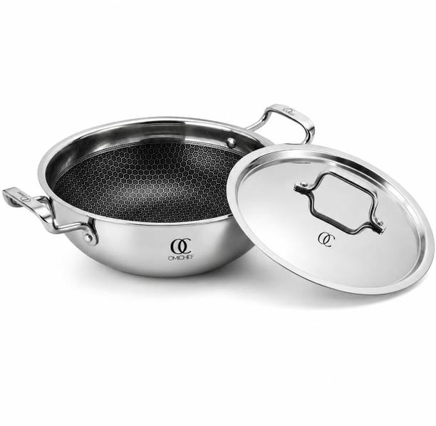 Omichef Triply Stainless Steel Honeycomb Kadhai 22 cm diameter with Lid 2.1 L capacity
