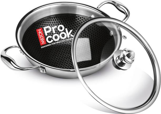 MILTON Pro Cook Triply Hexa Tech Induction Stainless Steel Kadhai with Glass Lid, 20 cm Kadhai 20 cm diameter with Lid 1.5 L capacity