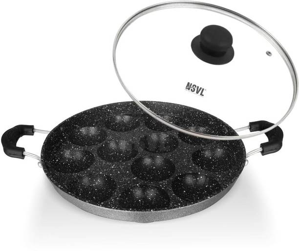 NSVL Heavy-BASE Non-Stick 12 Cavity Appam Patra with Glass Lid | Appam Maker Appachatty with Lid 1 L capacity 24 cm diameter