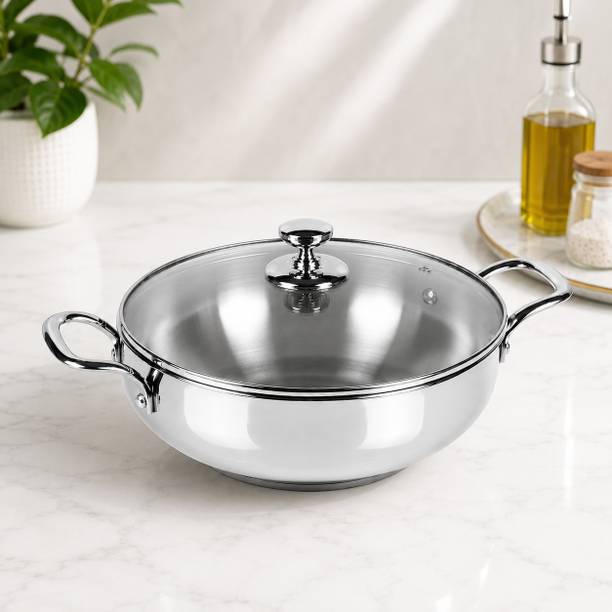 BuddyBox Stainless Steel Triply Kadhai 2.5L capacity with Glass Lid Kadhai 24 cm diameter with Lid 2.5 L capacity