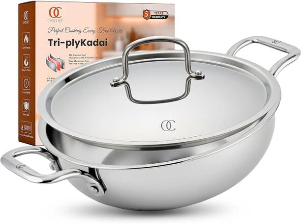 Omichef Triply Stainless Steel Kadhai 20CM(1.9Ltr) Induction Compatible Kadhai 20 cm diameter with Lid 1.5 L capacity