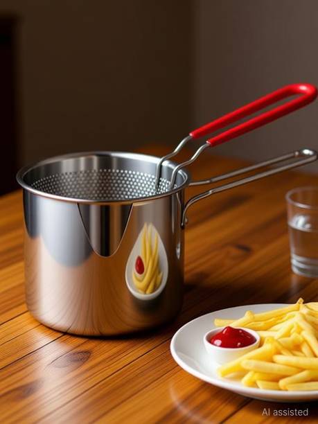 kripara Stainless Steel Deep Fryer Pot with Basket Long Handle Mini deep Oil Fryer Pot 12 cm diameter 1200 L capacity