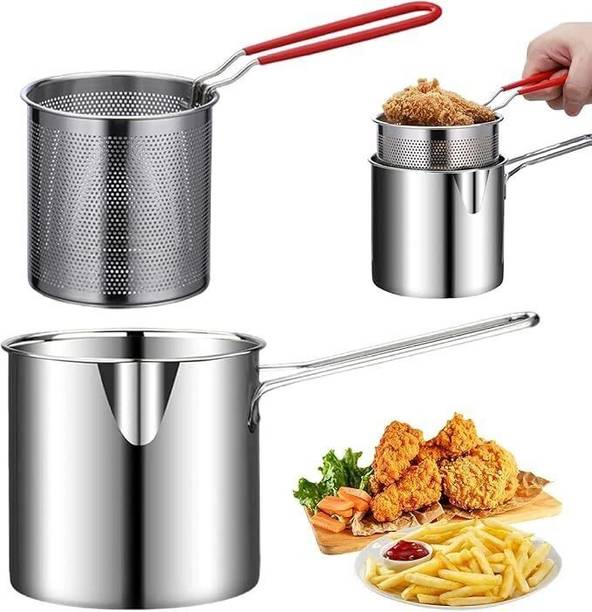 kripara Stainless Steel Deep Fryer Pot with Basket Long Handle Mini deep Oil Fryer Pot 12 cm diameter 1200 L capacity