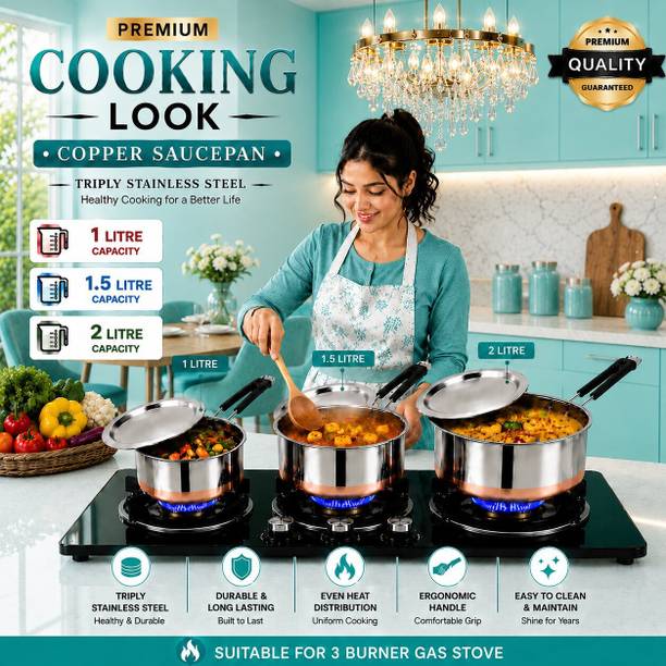 FEMEO Stainless Steel Sauce Pan Set with Lids Premium Copper Bottom Pot 14 cm, 16 cm, 18 cm diameter 1 L, 1.5 L, 2 L capacity with Lid