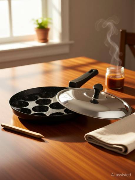 iVBOX Heavy-BASE Appam Pan Non-Stick appe Patra Paniyarakkal Paniyaram Maker Paniarakkal Pan 24 cm diameter with Lid 1 L capacity