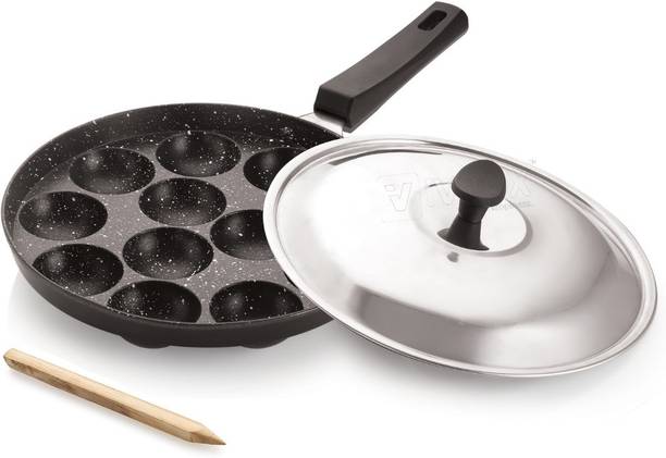 iVBOX Heavy-BASE Appam Pan Non-Stick appe Patra Paniyarakkal Paniyaram Maker with Lid 1 L capacity 24 cm diameter