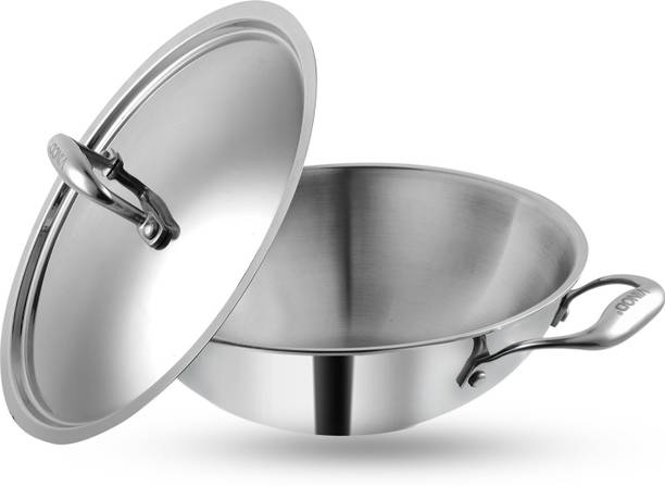 VINOD Platinum Triply Stainless Steel Kadai with Stainless Steel Lid Kadhai 28 cm diameter with Lid 3.7 L capacity
