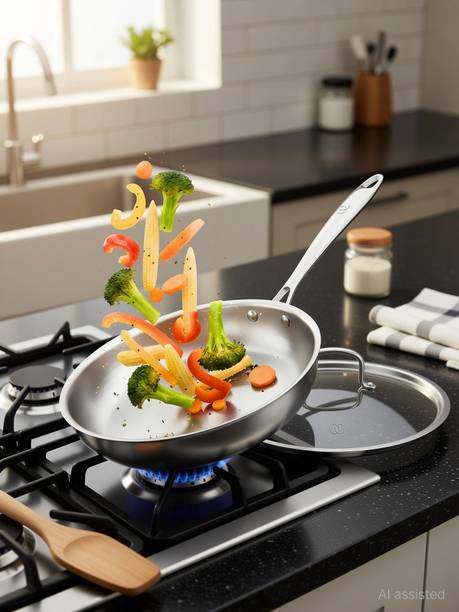 Omichef 22CM (2Ltr) Triply Stainless Steel Frypan, Induction & Gas Compatible, Fry Pan 22 cm diameter with Lid 2 L capacity