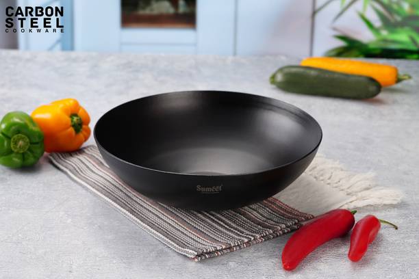 Sumeet Super Smooth Pre Seasoned Carbon Steel (Iron) Tasra Gas & Induction-Friendly Wok 2.45 L capacity 25 cm diameter
