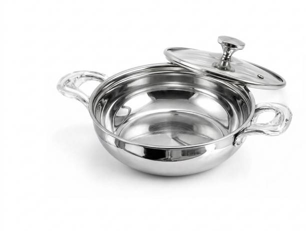 Mainsa Steel Kadhai For Cooking And Frying With Glass Lid Kadhai 22 cm diameter with Lid 2 L capacity