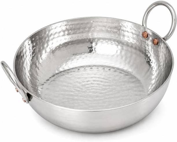 THE RHAH GROUP Stainless Steel Hammered Kadhai/Heavy Bottom Cookware/Kadhai/Kadhai for Kitchen Kadhai 12 cm diameter with Lid 2 L capacity