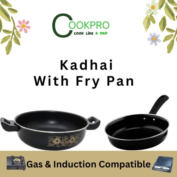 Cook Pro 2 Piece Non-Stick Kadhai & Fry Pan Combo Set | Deep Fry Cookware Kadhai 26 cm diameter 3.5 L, 1 L capacity