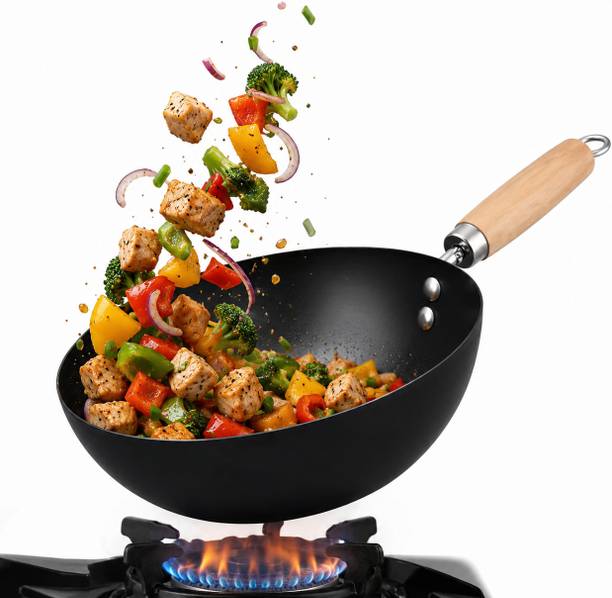 BHAJANSHREE Deep Nonstick Wok with Wooden Handle for Noodles, Pasta & Chinese Wok Fry Pan 21 cm diameter 1.5 L capacity