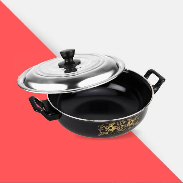 My Store Non Stick Kadhai with Steel Lid (Black / 3.5 L) | Non Stick Induction Kadhai 26.6 cm diameter with Lid 3.4 L capacity