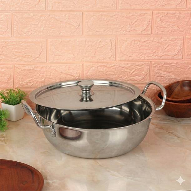 Bowls & More Flat Bottom Kadai | Heavyduty Stainless Steel Kadai | Heat-Resistant Handle | Kadhai 22 cm diameter with Lid 2 L capacity