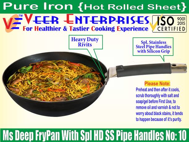 VeerEnterprises Ms Pure Iron/Loha Black Deep Kadhai/Wok With Silicon Gripped SS Pipe Handle Wok 2 L capacity 25 cm diameter
