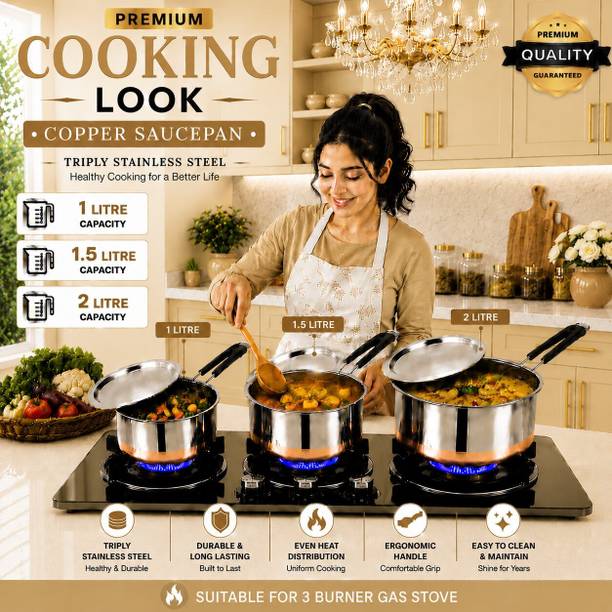 Red Robin Premium Stainless Steel Sauce Pan Set Copper Bottom Everyday Use Pot 14 cm, 16 cm, 18 cm diameter 1 L, 1.5 L, 2 L capacity with Lid