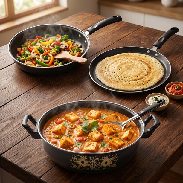 YR Enterprises Induction Base Non-Stick Lightweight Cookware Combo Set - Fry Pan, Dosa Tawa & Kadhai 17 cm diameter 3 L capacity