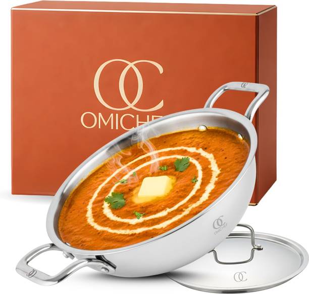 Omichef Triply Stainless Steel Kadhai 22CM(2.35Ltr) Induction Compatible Kadhai 22 cm diameter with Lid 2 L capacity