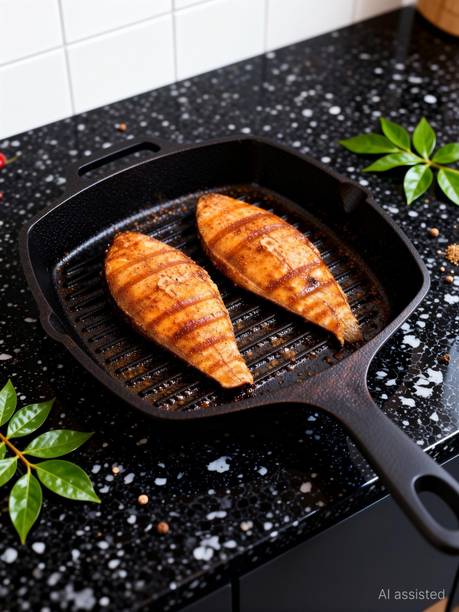 BLUEVEL Premium Cast Iron Grill Pan |Fry Pan Gas & Induction Cooking 11 inch-Long Handle Grill Pan 28 cm diameter 1.9 L capacity