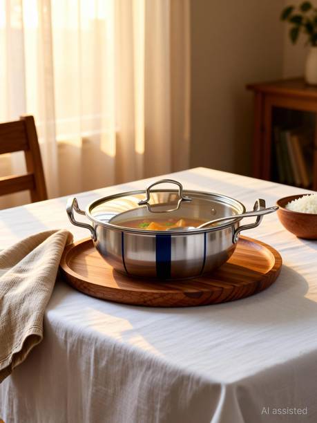 The Indus Valley Triply Stainless Steel Deep Kadai with SS Lid - 8.66 inch Kadhai 22 cm diameter with Lid 2.6 L capacity