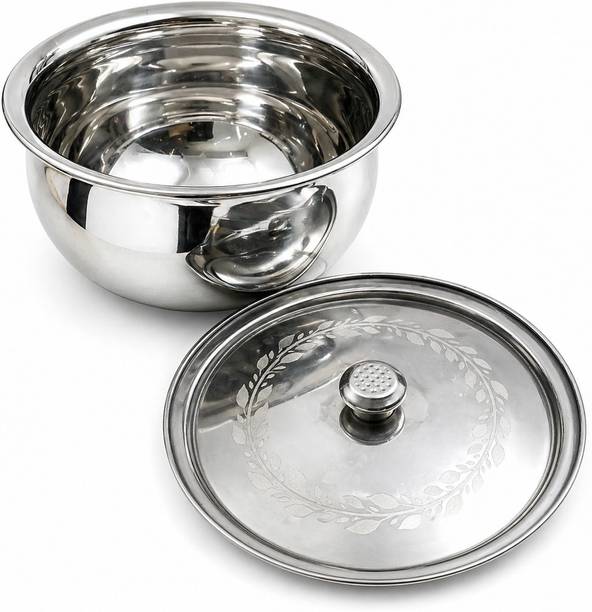 Varnivesh kitchenwere Stainless Steel Handi Bowl with Lid Mirror Finish Serving Bowl 16 cm Handi 1.2 L with Lid