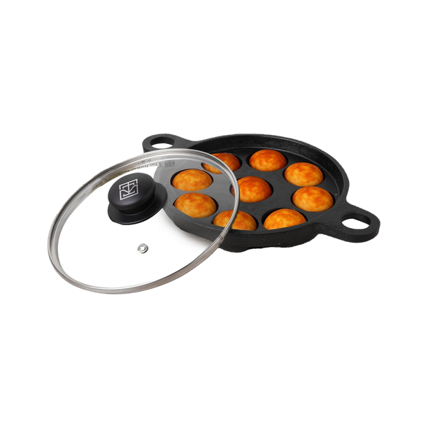 The Indus Valley Pre-Seasoned Cast Iron Paniyaram Pan with Glass Lid 9 pit - 8.2inch Paniarakkal Pan 20.8 cm diameter with Lid 0 L capacity