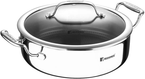 BERGNER Triply Hi-Tech Giro Stainless Steel Non-Stick Serving Pan With Flat Glass Lid | Saute Pan 24 cm diameter with Lid 3.3 L capacity